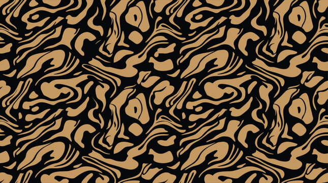 Abstract liquid marble swirl pattern with organic shapes in tan and black colors seamless