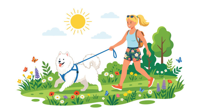 Smiling woman walking dog summer vector in a sunny flower meadow