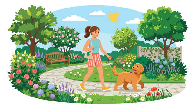 Woman walking dog summer vector through a lush blooming garden