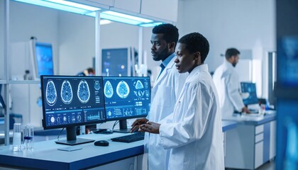 Naklejka premium Biomedical researchers analyze brain scans on advanced computer displays in a modern laboratory