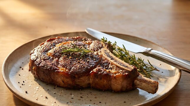 Succulent grilled ribeye steak with bone and rosemary on a ceramic plate