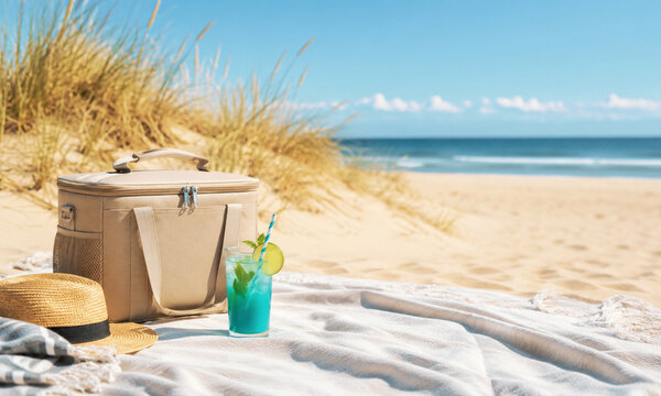 Beach cooler bag and tropical cocktail on blanket near dunes