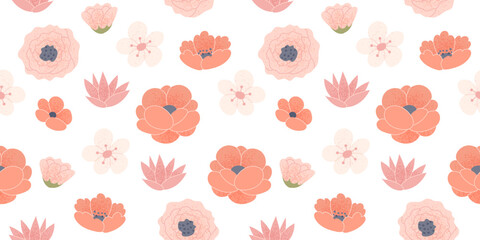 Fototapeta premium Poppy and roses seamless background. Beautiful floral pattern with hand drawn elements. Vector illustration in flat style