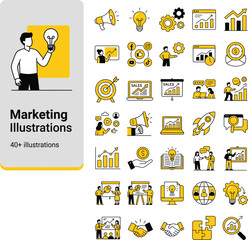 Fototapeta premium Marketing and business strategy flat vector illustrations collection corporate presentation infographic icons pack