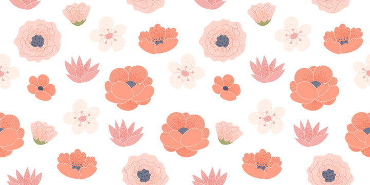 Poppy and roses seamless background. Beautiful floral pattern with hand drawn elements. Vector illustration in flat style