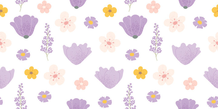 Lilac and purple flowers seamless background. Beautiful floral pattern with hand drawn elements. Vector illustration in flat style