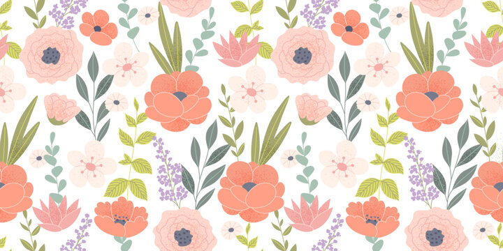 Wildflowers and leaves seamless background. Beautiful floral pattern with hand drawn elements. Vector illustration in flat style