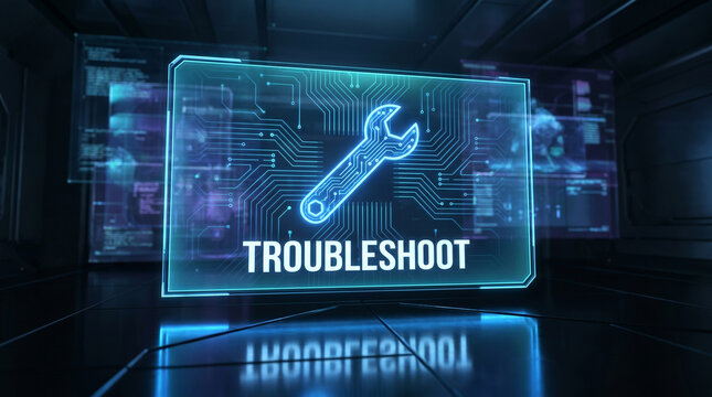 A glowing blue digital interface screen displaying a wrench icon for technical system troubleshooting and repair