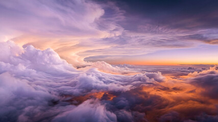 Fototapeta premium A breathtaking aerial view of dense, textured clouds at sunset, illuminated by warm purple, orange, and soft golden light, creating a serene and vast sky landscape