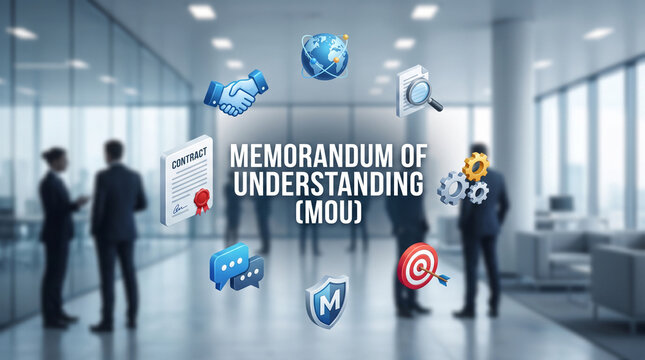 Memorandum of understanding concept displayed with floating business icons against a blurred corporate office background scene