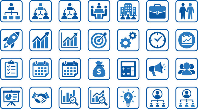 Corporate network and business analytics blue flat icon grid security database communication symbols