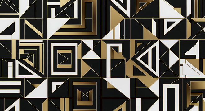 Geometric pattern with interlocking shapes in black white and gold tones a repeating design abstract