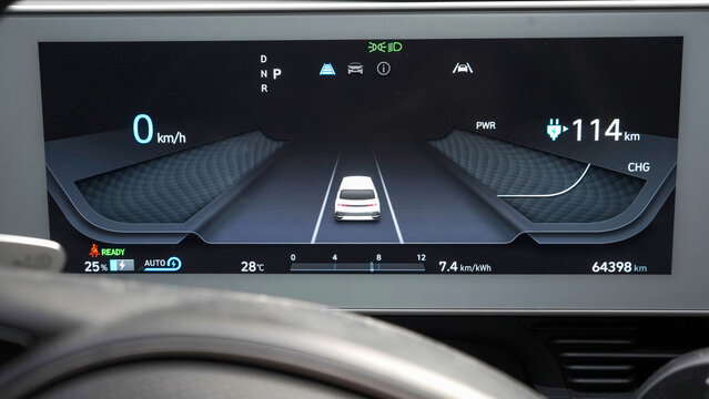 Modern Electric Vehicle Digital Dashboard Displaying Battery Range and UI System