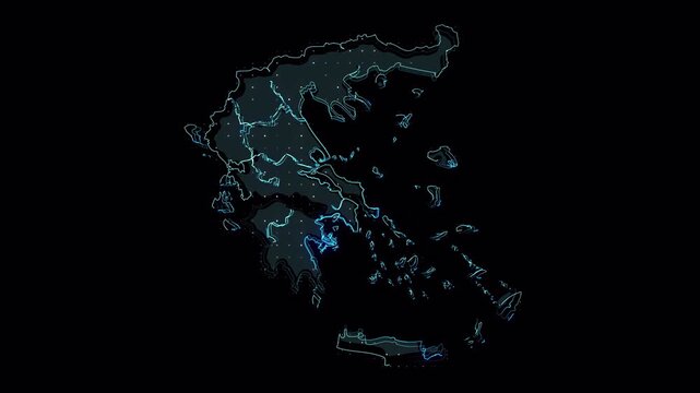 Abstract Digital Map of Greece with Glowing Data Connections.