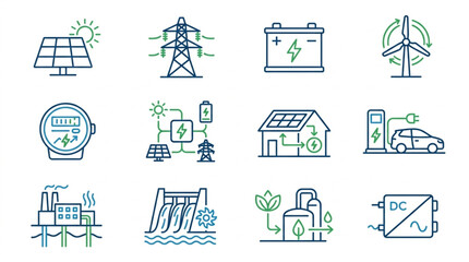 Collection of renewable energy and power generation icons. © Stecu