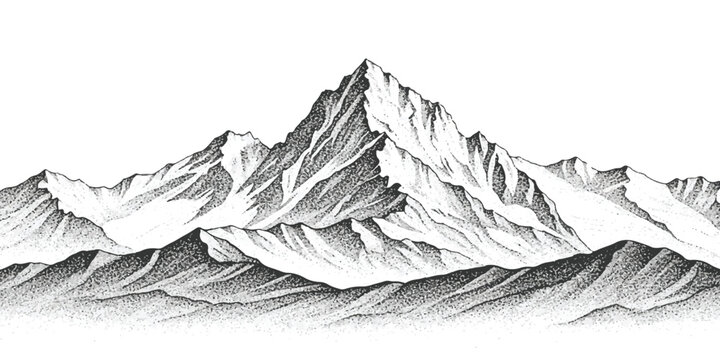 Black and white ink drawing of a mountain range with sharp rocky peaks