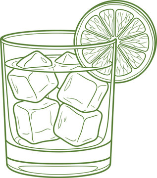 Minimalist green line art illustration of refreshing glass with ice cubes and lime slice.
