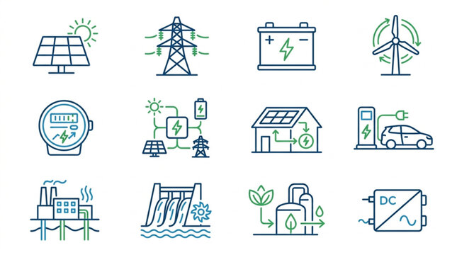Collection of renewable energy and power generation icons.
