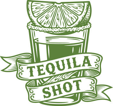 Tequila shot with lime slice and ribbon text vector illustration in green color.