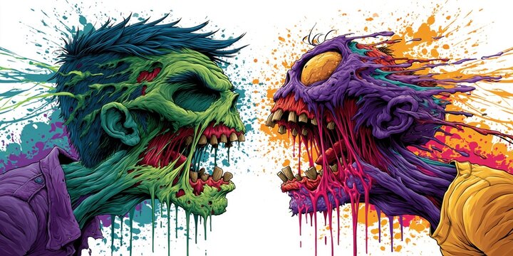 Confrontation of grotesque figures in colorful chaos