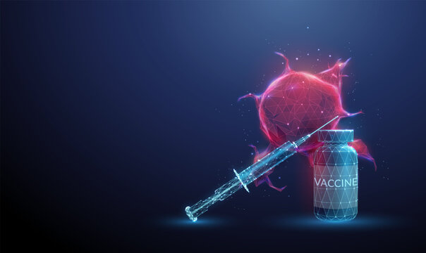 3D blue tumor with a bottle of vaccine and a syringe. Cancer immunotherapy, mRNA vaccine research, oncology, neoantigen, personalized medicine, immunization concept