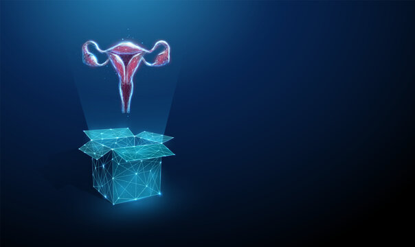 3D blue uterus from the box. Surrogacy, artificial womb research, reproductive medicine, fertility treatment, donation, transplant, comprehensive examination concept
