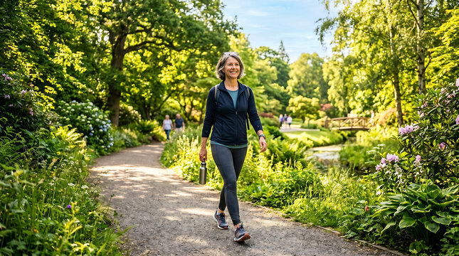 Happy Mature Woman Walking in Lush Sunny Park with Water Bottle