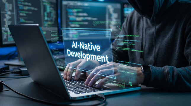 Software developer typing on a laptop with an ai native development holographic interface in dark room