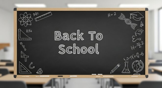 Wooden framed classroom chalkboard with back to school text and white chalk formulas