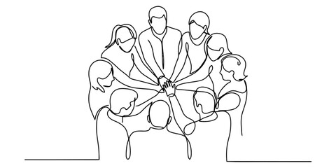 Group of diverse people stacking hands together in a circle showing unity and teamwork as a continuous single line drawing illustration on white background Vector, illustration © Continues One Line D