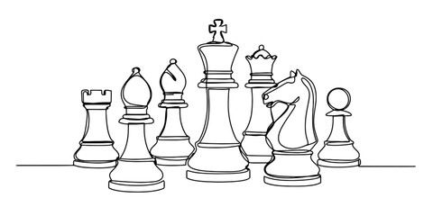 Continuous one line drawing of a set of chess pieces including king queen knight and rook standing together in a group for strategy game concept Vector, illustration © Continues One Line D