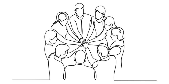 Group of diverse people stacking hands together in a circle showing unity and teamwork as a continuous single line drawing illustration on white background Vector, illustration