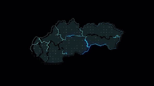 Abstract digital map of Slovakia showing regional borders with glowing neon lines.