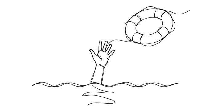 Continuous line drawing of a drowning hand reaching for a lifebuoy ring in the water Vector, illustration
