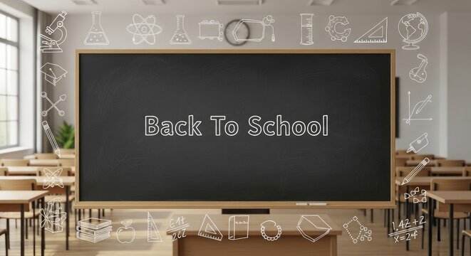 Classroom chalkboard with back to school text surrounded by floating educational symbols