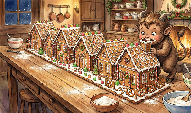 Funny baby Krampus eating chimney of gingerbread house on kitchen table with Christmas decor