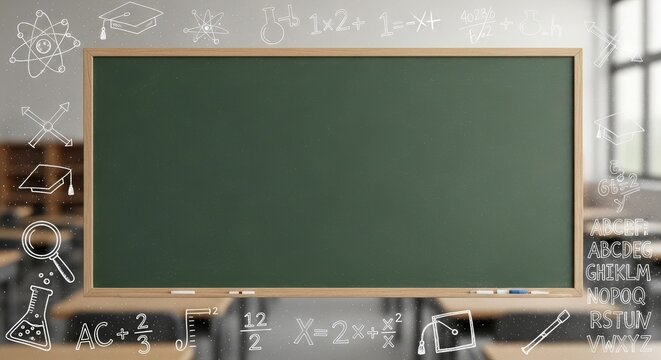 Blank green chalkboard with educational border icons in blurred classroom setting