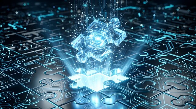 Glowing transparent puzzle piece fitting into a futuristic circuit board surface representing artificial intelligence solutions, tech integration, and digital strategy.