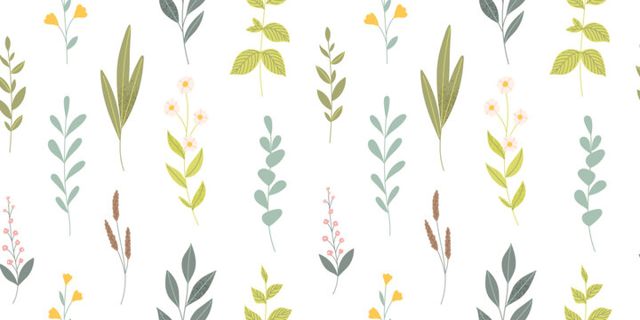 Wildflowers and leaves seamless background. Beautiful floral pattern with hand drawn elements. Vector illustration in flat style