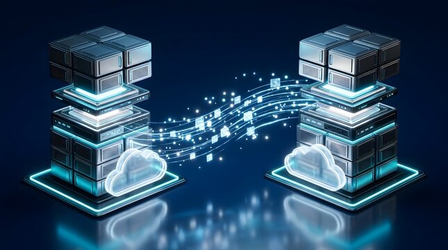 3D illustration of cloud computing and data migration concept showing digital information streaming between two floating server racks on glowing cloud platforms.