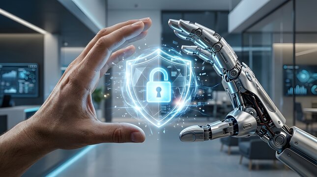 Futuristic cyber defense concept showing human and robotic hands shielding a glowing lock icon symbolizing artificial intelligence driven data security.