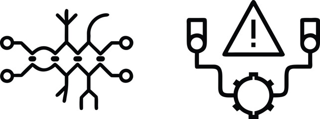 Fototapeta premium Abstract technology diagram icons showing interconnected neural network structures and complex digital warning signal flows for engineering design.