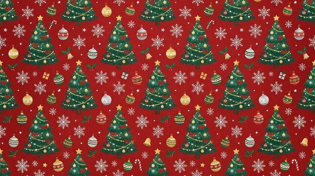 Festive christmas tree seamless pattern with colorful ornaments and holly on red.
