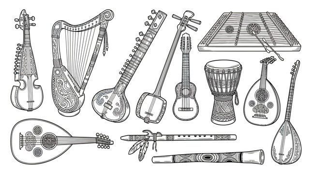 Diverse Collection of Hand-Drawn Musical Instruments