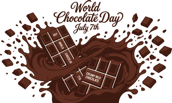 World Chocolate Day July 7th 2026 Celebration Featuring a Dynamic Liquid Chocolate Splash and Creamy Milk Chocolate Bars Isolated on White