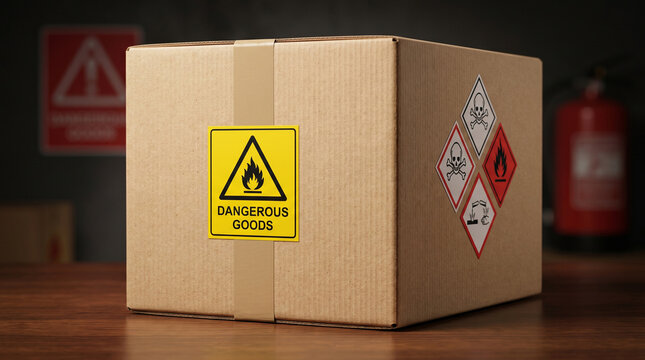 Brown cardboard shipping box featuring bright yellow dangerous goods warning labels and hazardous material symbols
