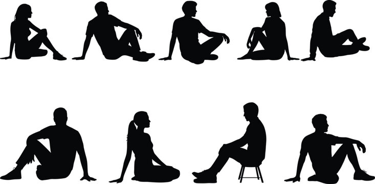 Set of sitting human silhouettes various poses isolated vector collection, flat vector