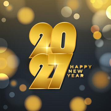 2027 Happy New Year Greeting Card. Gold colored numbers. New Year 2027 bright holiday background. Bokeh lights. Vector illustration.