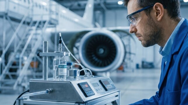 Innovative aerospace engineer testing sustainable aviation fuel for future flight solutions