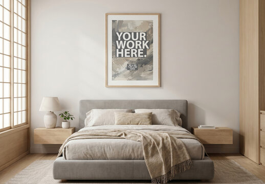 Vertical Poster Mockup in wooden frame above modern bed